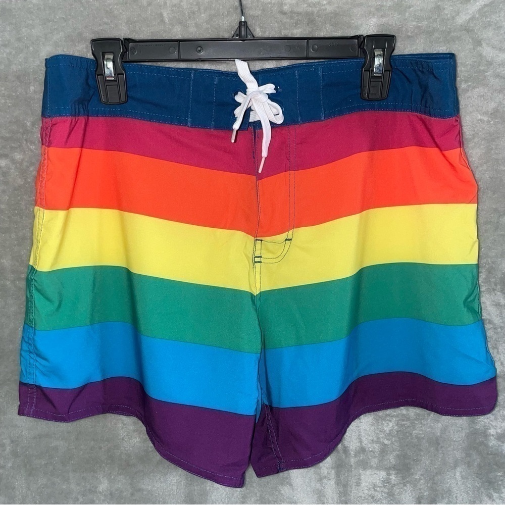 Rainbow Striped Pride Swim Surf Trunk Shorts Size Large Multi Color Beach